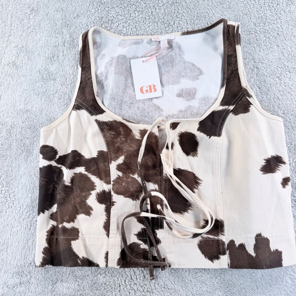 GB Cow Print Pullover Vest Top Western Boho Sleeveless Womens Large Brown White